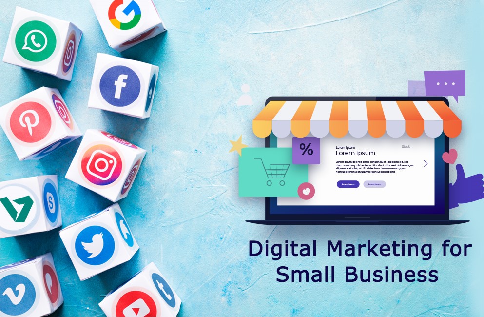 The image features the text "Digital Marketing for Small Businesses," emphasizing strategies and approaches tailored to help small businesses leverage digital platforms to grow their reach, attract customers, and increase sales.