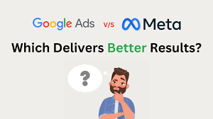 Comparison of Google Ads and Meta advertising platforms with a thinking man and a question mark, asking which delivers better results.