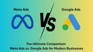 Comparison of Meta Ads and Google Ads logos with the text "Meta Ads" and "Google Ads" flanking a "Vs" symbol, followed by the tagline "The Ultimate Comparison: Meta Ads vs. Google Ads for Modern Businesses."