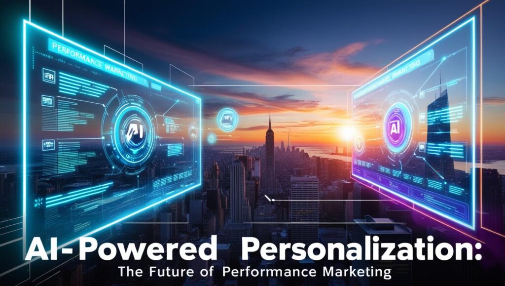 Futuristic digital interface showcasing AI-powered personalization in performance marketing, with a city skyline in the background at sunset.