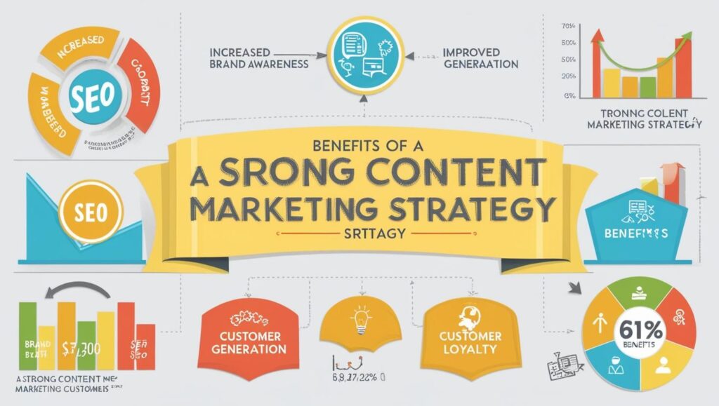 Infographic illustrating the benefits of a strong content marketing strategy. Features elements like SEO, increased brand awareness, improved lead generation, customer loyalty, and customer generation. Includes charts and statistics to emphasize growth and effectiveness.