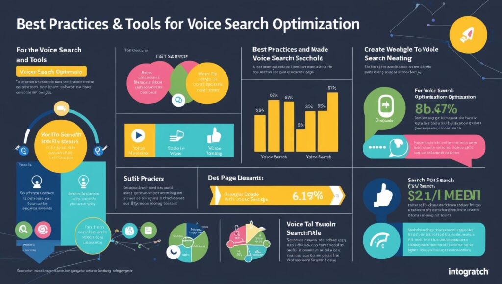 Infographic outlining best practices and tools for voice search optimization.

