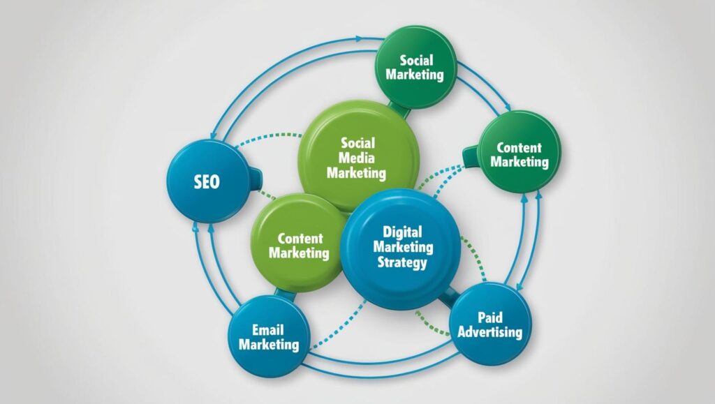 A circular diagram illustrating the key components of a digital marketing strategy, including social media marketing, content marketing, email marketing, paid advertising, and SEO. The components are interconnected with arrows, emphasizing their integration within a cohesive strategy.