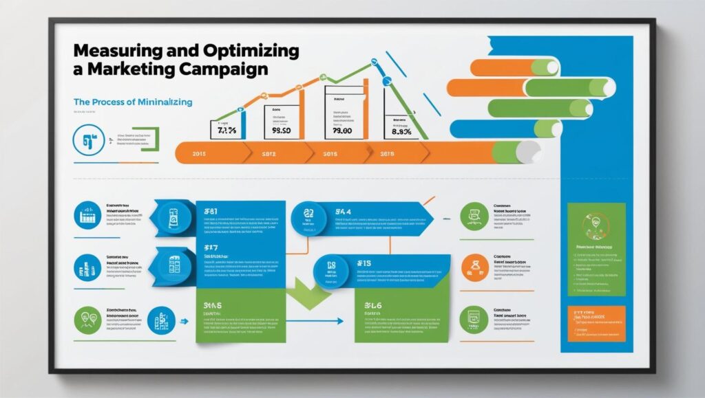 An infographic titled "Measuring and Optimizing a Marketing Campaign," featuring a timeline from 2015 to 2018 with metrics like engagement rates and revenue. It includes flowcharts and icons to visualize steps in campaign optimization and performance analysis.