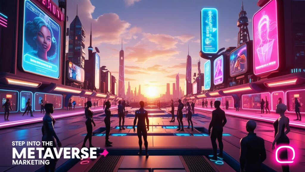 A futuristic cityscape in the metaverse with large holographic advertisements featuring people, and groups of people standing on a platform in the foreground.