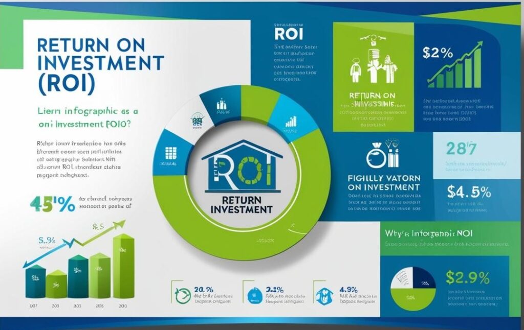 Infographic explaining Return on Investment (ROI) with a central circle chart and various bar graphs showing different ROI percentages.