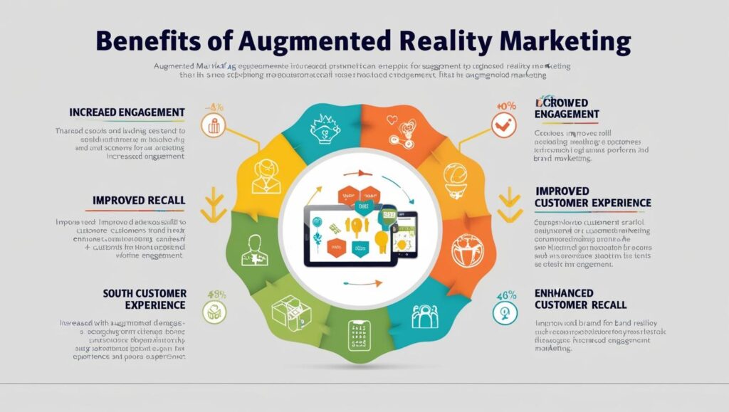 An infographic titled "Benefits of Augmented Reality Marketing" showcasing the advantages of AR in marketing. The central image features a tablet and smartphone displaying AR elements, surrounded by a circular design with icons representing various benefits. Key points include increased engagement, improved recall, enhanced customer experience, and improved customer recall. Each benefit is accompanied by icons and brief descriptions, with colorful sections in orange, green, and blue illustrating the information.