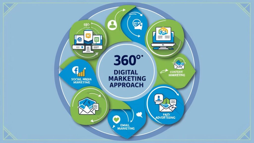 A 360-degree digital marketing approach diagram, showcasing interconnected elements like SEO, social media marketing, content marketing, email marketing, and paid advertising. Each element is represented with icons and arrows to highlight their cyclical relationship in a comprehensive strategy.