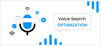 Voice Search Optimization graphic with microphone and speech bubble.