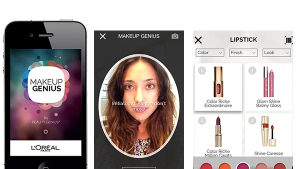 A screenshot of the "Makeup Genius" app by L'Oréal displayed on a smartphone. The app interface includes three sections: the app's logo on the home screen, a virtual makeup preview feature with a face outline, and a product selection menu showcasing various lipstick options.