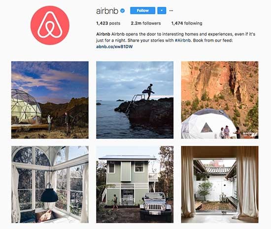 This image is a snapshot of Airbnb's Instagram profile, highlighting their strategic use of the platform. It features a variety of engaging photos that represent the unique travel experiences available through Airbnb, from adventurous outdoor locations to cozy, scenic indoor settings. The profile aims to inspire potential customers by showcasing the diverse options that Airbnb offers worldwide.