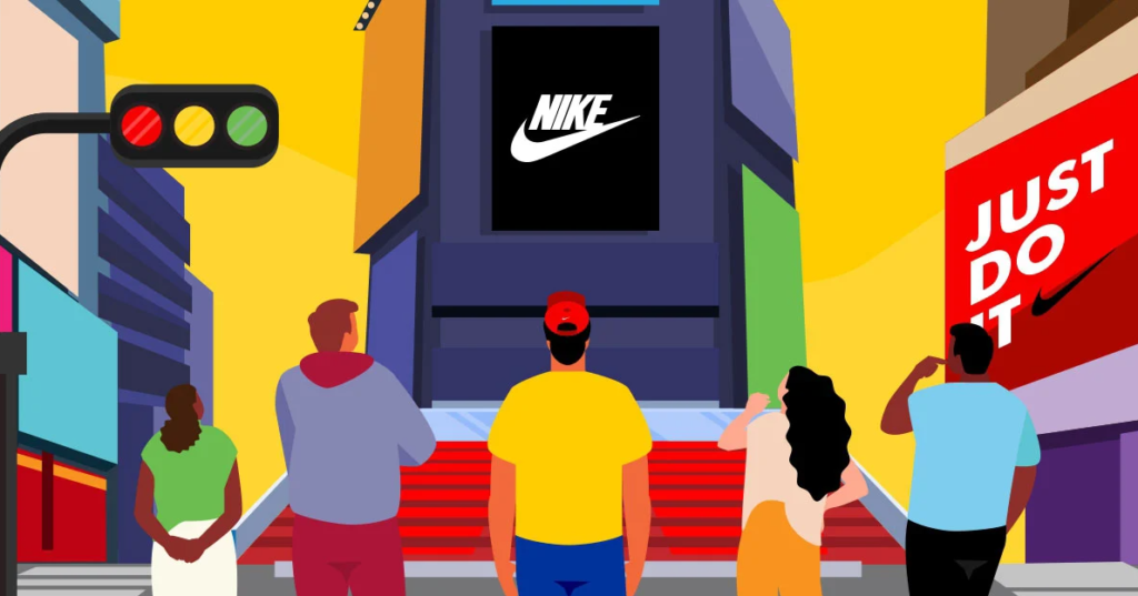 Colorful illustration of people looking up at a Nike billboard in a city square, with the "Just Do It" slogan on a sign to the right.
