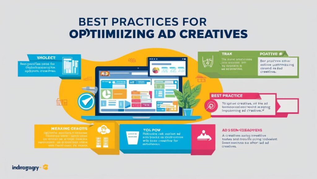 A colorful infographic illustrating best practices for optimizing ad creatives, featuring icons, text boxes, and a central laptop graphic surrounded by actionable tips.