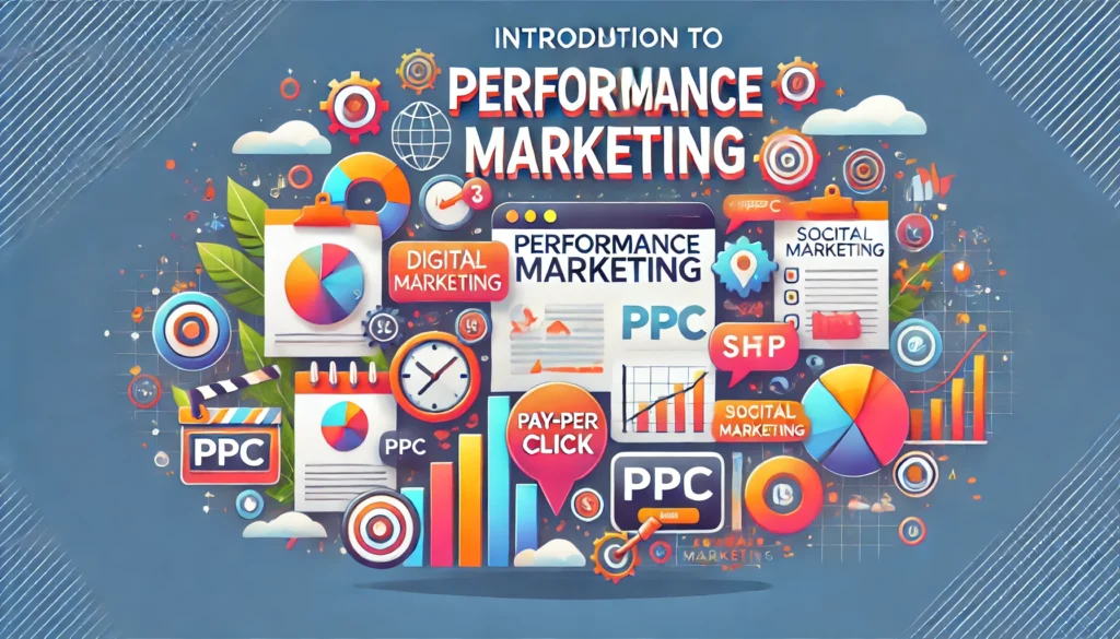 An engaging widescreen illustration titled 'Introduction to Performance Marketing', designed in a 16:9 format. The graphic features a vibrant color palette and includes various elements relevant to digital marketing: pay-per-click (PPC) icons, social media symbols, and analytics charts. Each component is labeled with clear text, providing an educational overview of performance marketing strategies that focus on measurable results through digital channels.