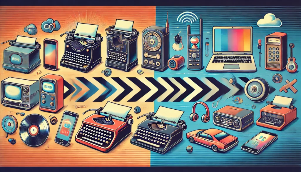 Widescreen illustration depicting the evolution from early technology to modern digital advancements. The left side features older technologies like typewriters and rotary phones, while the right side showcases contemporary devices such as smartphones and laptops, emphasizing the transition from analog to digital.