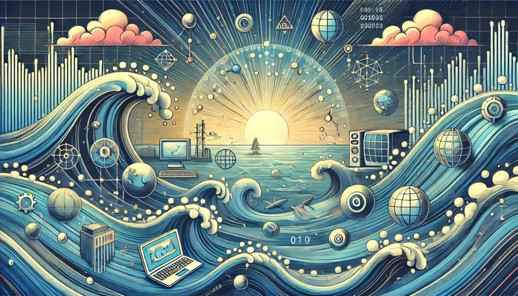 Widescreen illustration depicting 'The Impact of Early Digital Shifts' in a 16:9 format, showcasing key developments like personal computers, the internet, and mobile phones. The design uses digital waves and network diagrams to symbolize the transformative effects of these technologies on society, highlighted with binary code patterns for a tech-themed ambiance.