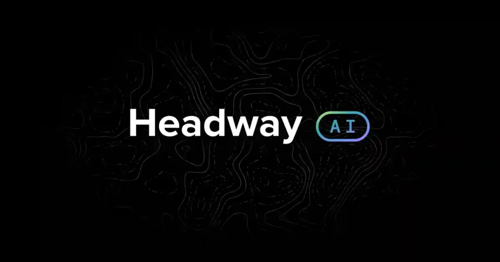 Logo of Headway AI featuring the brand name 'Headway' in bold white text and 'AI' enclosed in a gradient-colored capsule, set against a black background with abstract contour line patterns.