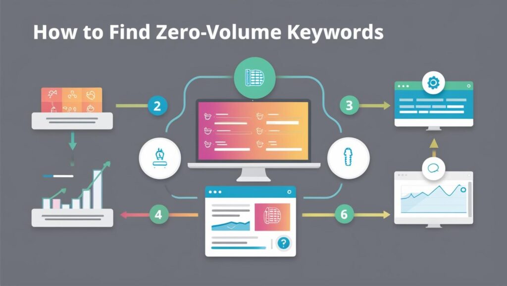 Infographic illustrating the process of finding zero-volume keywords, featuring interconnected steps with charts, keywords, and analysis tools.