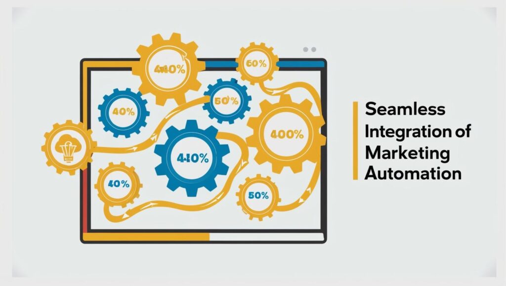 An illustration depicting interconnected gears with varying percentages (40%, 50%, 60%, 400%) symbolizing different aspects of marketing automation. The gears are visually connected, representing seamless integration, accompanied by the text "Seamless Integration of Marketing Automation" on the right side.