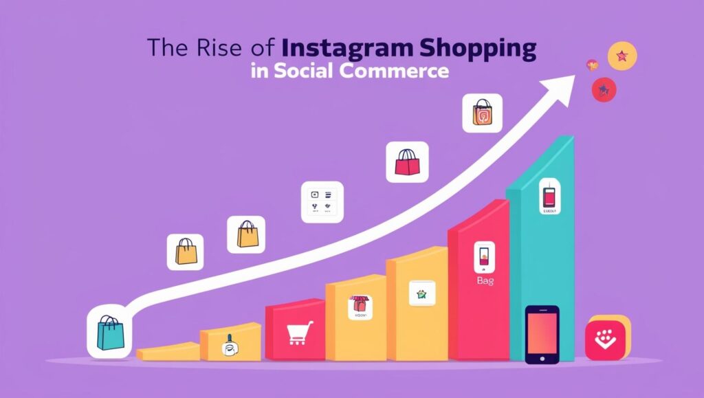 The Rise of Instagram Shopping in Social Commerce: An illustration showing the growth trajectory of Instagram Shopping, with a rising curve and icons representing different shopping features and trends in a playful, cartoonish style.