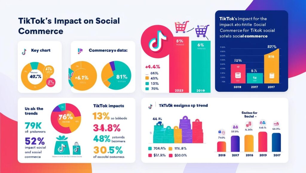 TikTok’s Impact on Social Commerce: A vibrant infographic detailing TikTok's influence on social commerce, displaying various charts and graphs about user engagement, purchase rates, and year-by-year growth in TikTok's commercial impact.