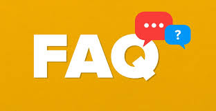 FAQ text with speech bubbles containing question and answer icons on a yellow background.