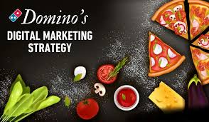 Domino's Digital Marketing Strategy: This graphic is vibrant and directly connected to food, showing slices of pizza along with fresh ingredients like tomatoes, cheese, mushrooms, and herbs. It promotes Domino’s focus on utilizing digital strategies in their marketing, possibly indicating a combination of appealing visuals and digital outreach to attract customers.