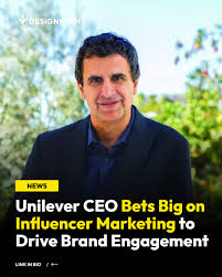Unilever CEO Bets Big on Influencer Marketing to Drive Brand Engagement: This image features the CEO of Unilever, depicted with a professional, yet approachable demeanor. The backdrop seems informal, suggesting an open and accessible corporate culture. The text highlights a strategic pivot towards influencer marketing to boost brand engagement, emphasizing modern digital marketing trends.