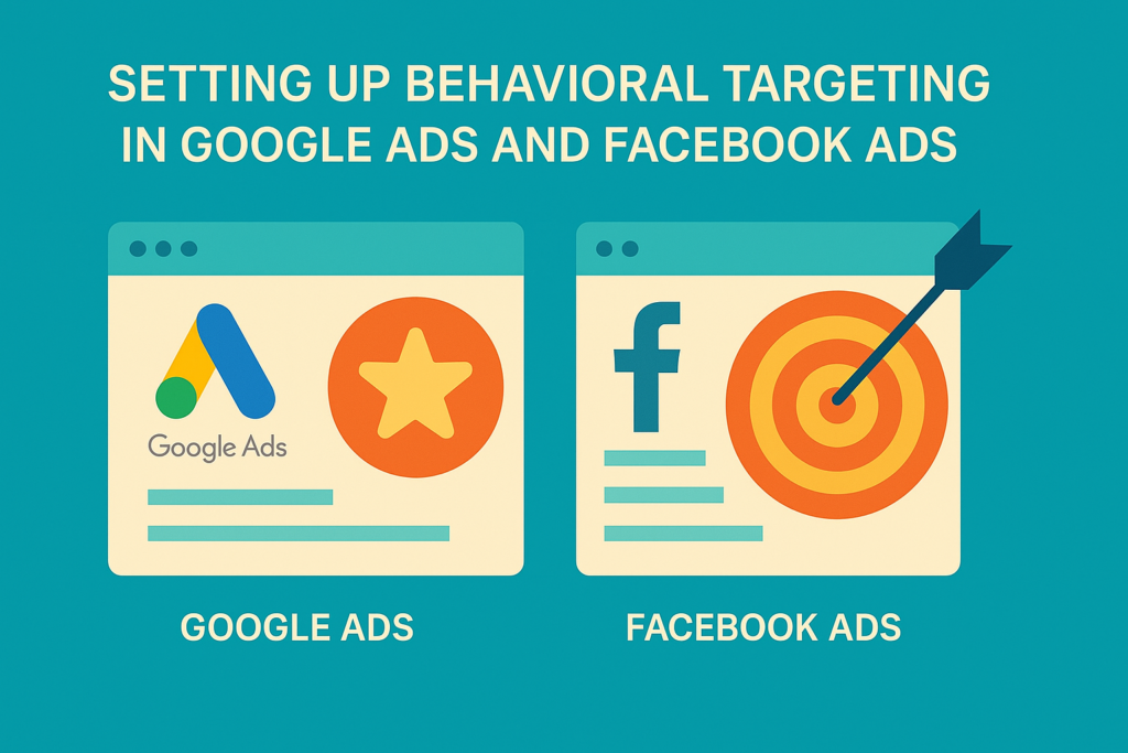 A flat-style digital infographic titled "Setting Up Behavioral Targeting in Google Ads and Facebook Ads" on a turquoise background. The image features two browser-style panels side by side. The left panel represents Google Ads with its logo and a gold star icon. The right panel represents Facebook Ads, showing the Facebook "f" logo and an orange target icon with an arrow hitting the center. Both panels have beige backgrounds and simplified interface elements below the icons. The design is clean, modern, and visually balanced.