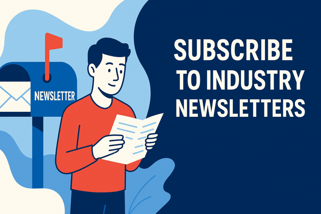 A flat-style illustration showing a person in a red shirt reading a newsletter next to a blue mailbox labeled ‘NEWSLETTER’ with its flag up on the left; on the right, bold white text on a dark-blue background reads ‘SUBSCRIBE TO INDUSTRY NEWSLETTERS.’