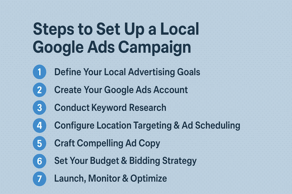 A digital graphic titled "Steps to Set Up a Local Google Ads Campaign" with seven steps listed in clear, concise language. The title is displayed in bold dark blue text on a soft blue dotted background. Each of the seven steps is numbered and described briefly, using a dark blue sans-serif font for easy readability. The design is clean and simple, making the process easy to follow.