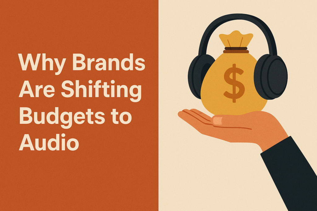 A split‑screen flat illustration:
Left side: A solid terracotta rectangle with large, off‑white text reading “Why Brands Are Shifting Budgets to Audio.”
Right side: A stylized hand in an orange sleeve holds up a gold money bag marked with a dollar sign, over which hangs a pair of dark gray over‑ear headphones, all set against a light beige, lightly speckled background.