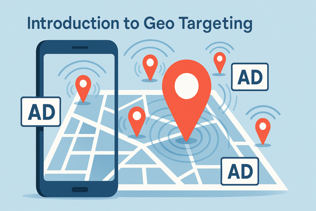 Flat illustration of a smartphone displaying a map with red location pins and “AD” labels, introducing geo-targeting in paid ads.