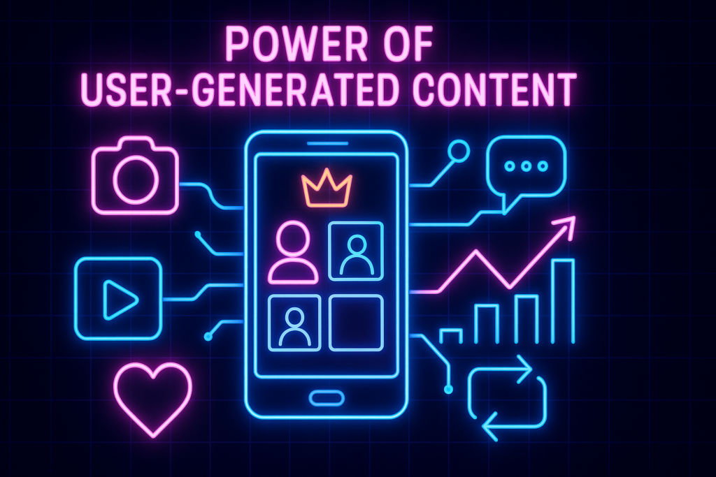 Dark grid background illuminated by neon-blue and pink lines, showing a central smartphone screen with four user profile icons and a glowing crown above one; connected by glowing circuits to icons of a camera, play button, heart, comment bubble, share arrows, and an ascending bar-and-line graph, with the heading ‘POWER OF USER-GENERATED CONTENT’ glowing above.
