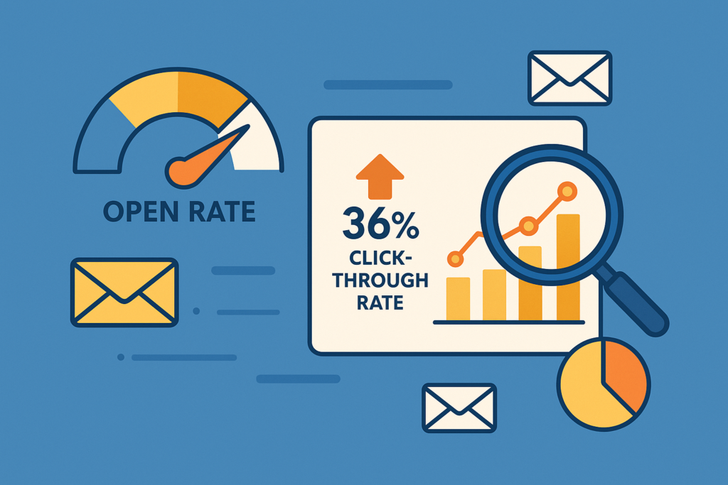 2D vector graphic on a blue background depicting an email performance audit: a semicircular open-rate gauge with an orange needle, a central 36% click-through rate label beside an upward-trending bar chart under a magnifying glass, scattered yellow envelope icons, and a small pie chart illustrating data analysis.