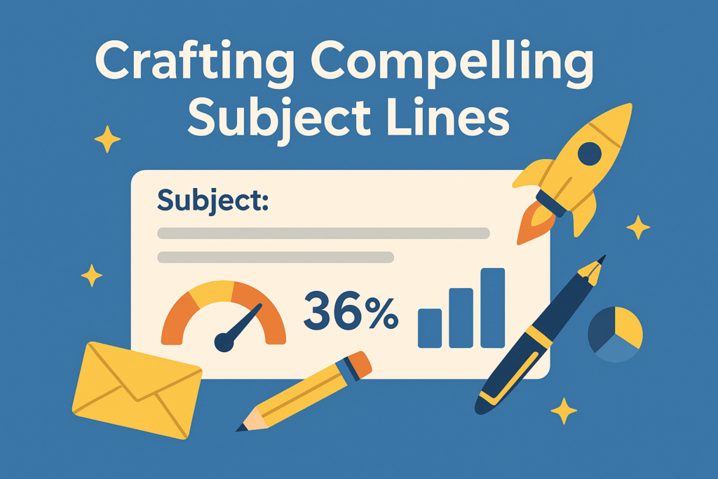 Flat digital illustration on a blue background showing a rounded email subject input field labeled ‘Subject,’ accompanied by a yellow rocket icon, pencil and pen, a small envelope icon, scattered stars, and miniature bar and pie charts indicating performance metrics.
