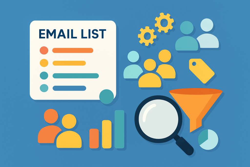 Flat digital illustration on a blue background showing an EMAIL LIST card with colored dots and horizontal bars, clusters of stylized people figures in varied colors, a large magnifying glass over an orange funnel, alongside gear, tag, and pie chart symbols to represent targeted email list segmentation.