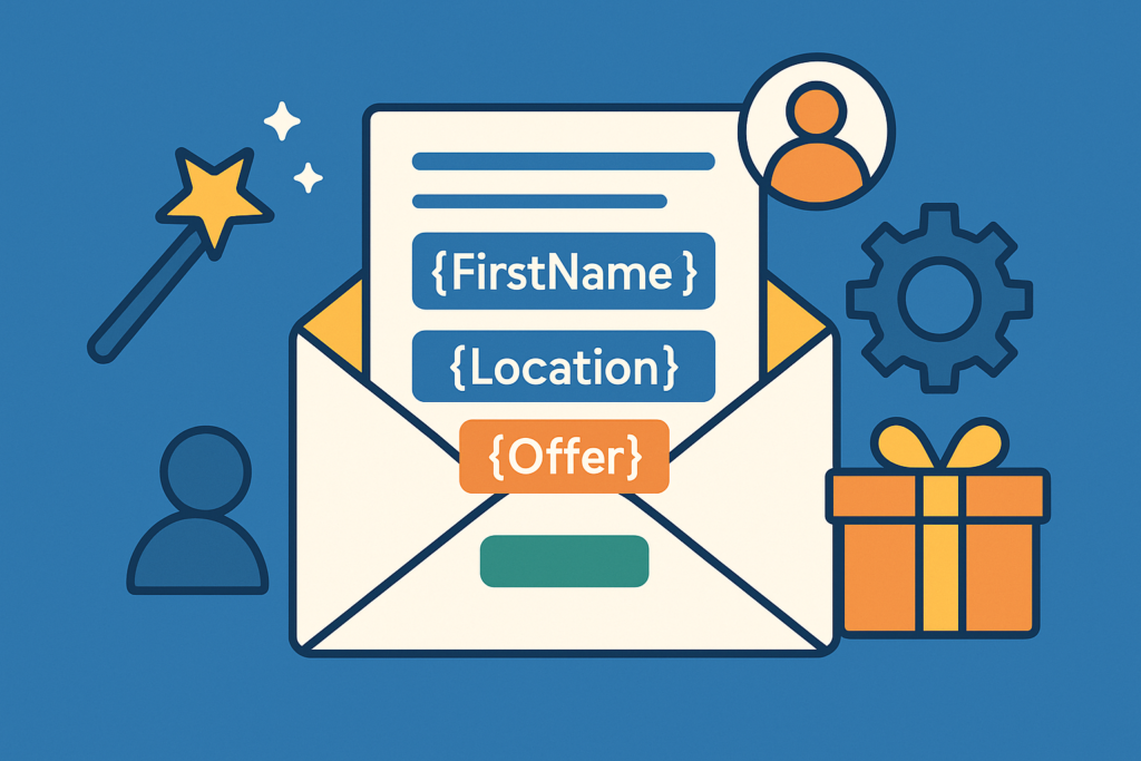 Flat-style digital illustration on a blue background depicting a white envelope opening to reveal personalized fields {FirstName}, {Location}, and {Offer}, surrounded by a magic wand, gift box, user profile icon, and gear to convey dynamic, personalized email content.