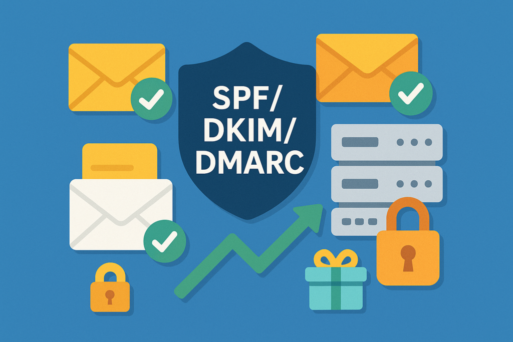 Flat 2D vector illustration on a blue background showing a central dark shield labeled “SPF/DKIM/DMARC,” flanked by yellow envelopes with green checkmarks, a mail server rack, a padlock, and an upward arrow, representing email authentication standards for improved deliverability.