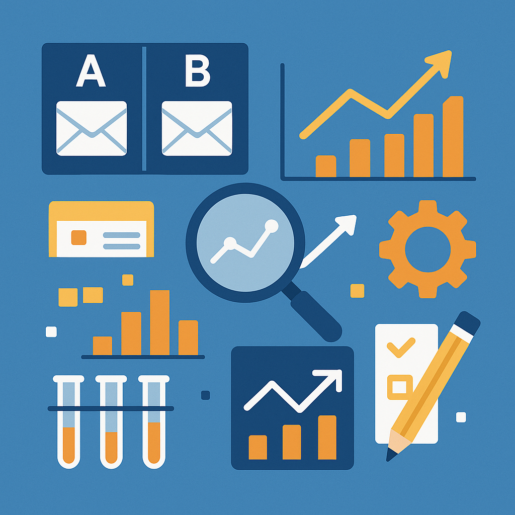 Flat 2D vector illustration on a blue background showing an A/B test panel with two envelope icons labeled ‘A’ and ‘B,’ bar and line charts with upward arrows, a magnifying glass over a trend line, three test tubes with liquid, a gear icon, and a pencil checking off a list to depict testing, analyzing, and iterating email campaigns.