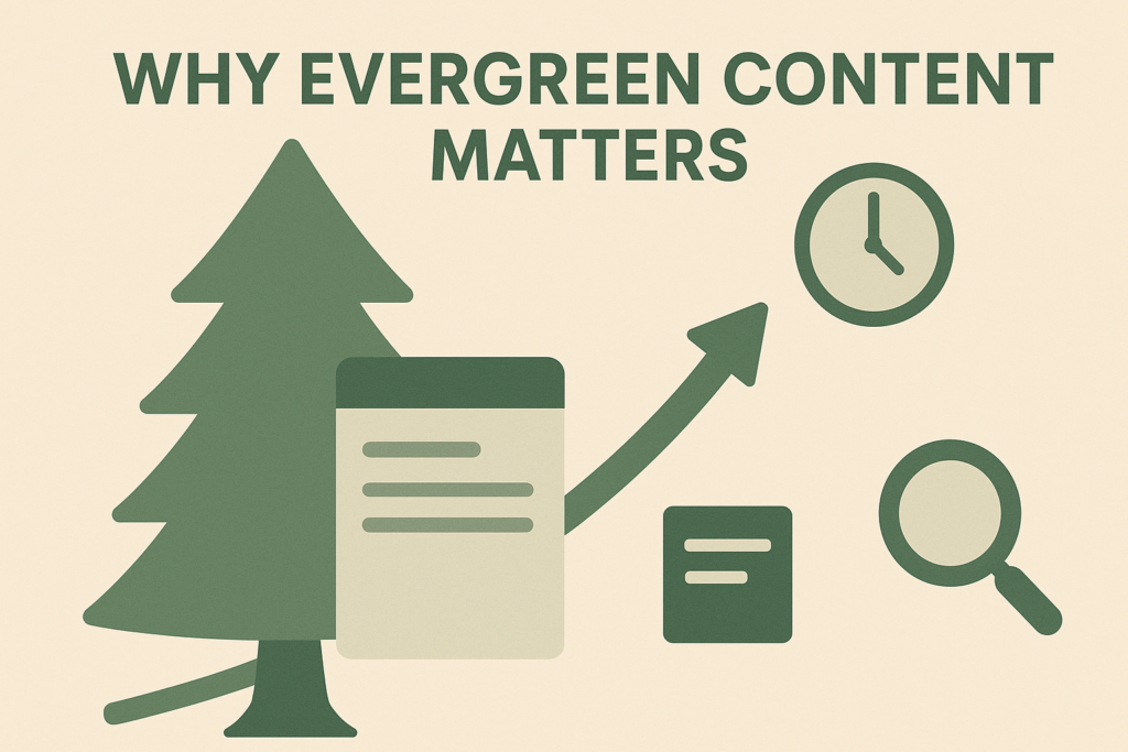 A 16:9 flat-style illustration with the bold dark-green headline “WHY EVERGREEN CONTENT MATTERS” at the top, featuring a stylized evergreen tree behind a simplified webpage icon and accompanying muted-green icons of a clock, upward arrow, document, and magnifying glass on a beige background, symbolizing long-term visibility and growth of evergreen content.
