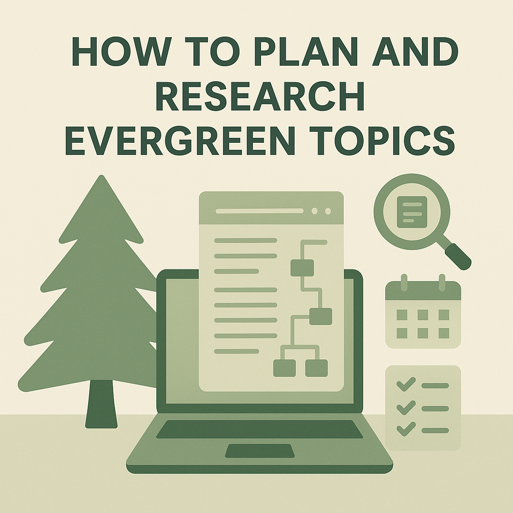 Flat-style illustration titled ‘How to Plan and Research Evergreen Topics’ showing a muted-green evergreen tree behind a laptop displaying a document flowchart, with accompanying icons of a magnifying glass, calendar, and checklist on a beige background to symbolize topic planning and research.