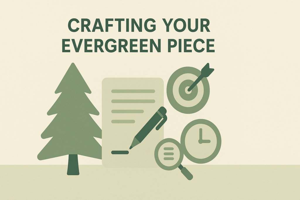 Illustration showing an evergreen tree beside a document with pen and icons in muted green on beige.