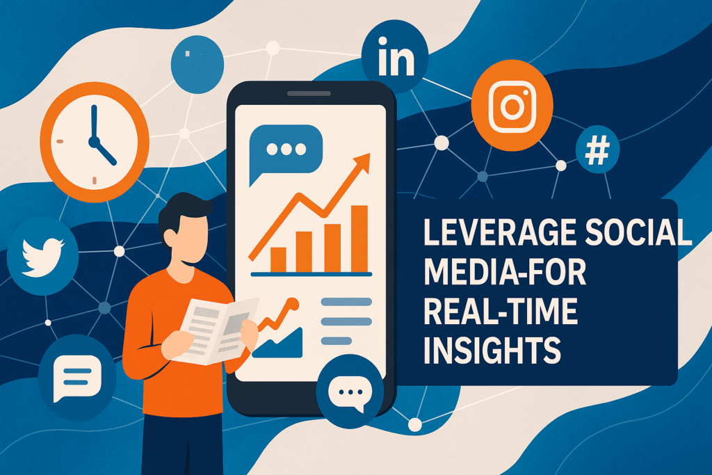 A flat-style illustration showing a person in an orange sweater standing beside a large smartphone screen displaying upward-trending bar and line graphs, with connected social media icons (Twitter bird, Instagram camera, LinkedIn “in,” hashtag) floating around; on the right, a dark-blue panel bears white text reading ‘LEVERAGE SOCIAL MEDIA FOR REAL-TIME INSIGHTS.’