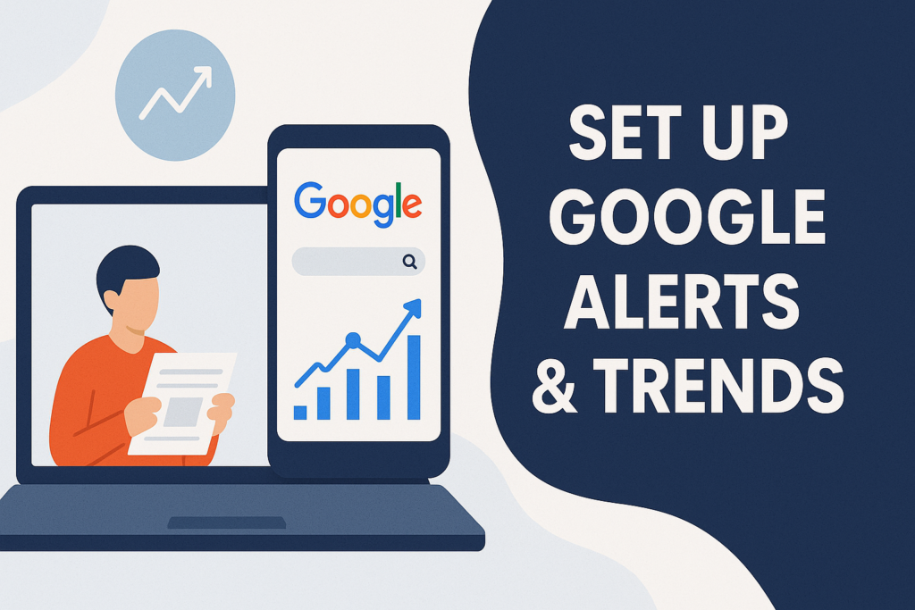 A flat-style illustration showing a laptop open with a person in an orange sweater reading a document on its screen, beside a smartphone displaying the Google logo, a search bar, and an upward-trending bar and line graph; on the right, a dark-blue panel contains white text reading ‘SET UP GOOGLE ALERTS & TRENDS.’