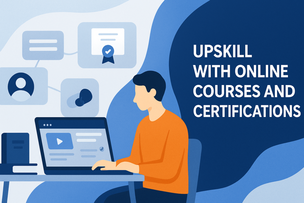 A flat-style illustration of a person in an orange sweater sitting at a desk, working on a laptop that displays an online course interface with a play button and progress bar; above them float icons representing a certificate, a book, and course modules; on the right, white text on a dark-blue panel reads ‘UPSKILL WITH ONLINE COURSES AND CERTIFICATIONS.’