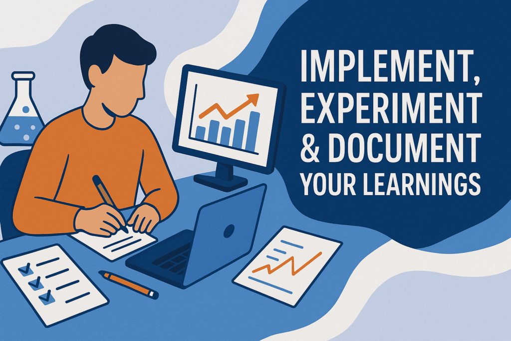 A flat-style illustration of a person in an orange sweater seated at a desk, writing on paper next to a laptop and a monitor showing an upward-trending bar and line chart; laboratory flasks, a checklist sheet, and a document with a rising graph are arranged on the desk; to the right, bold white text on a dark-blue panel reads ‘IMPLEMENT, EXPERIMENT & DOCUMENT YOUR LEARNINGS.’