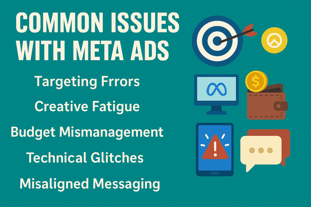 The image is a clean and modern infographic titled "Common Issues with Meta Ads" on a teal background. It features five key issues: Targeting Errors, Creative Fatigue, Budget Mismanagement, Technical Glitches, and Misaligned Messaging. Each issue is accompanied by a simple, flat-style icon that visually represents the problem, all listed in an organized, easy-to-read format without any arrows. The title is displayed in bold, off-white letters at the top.