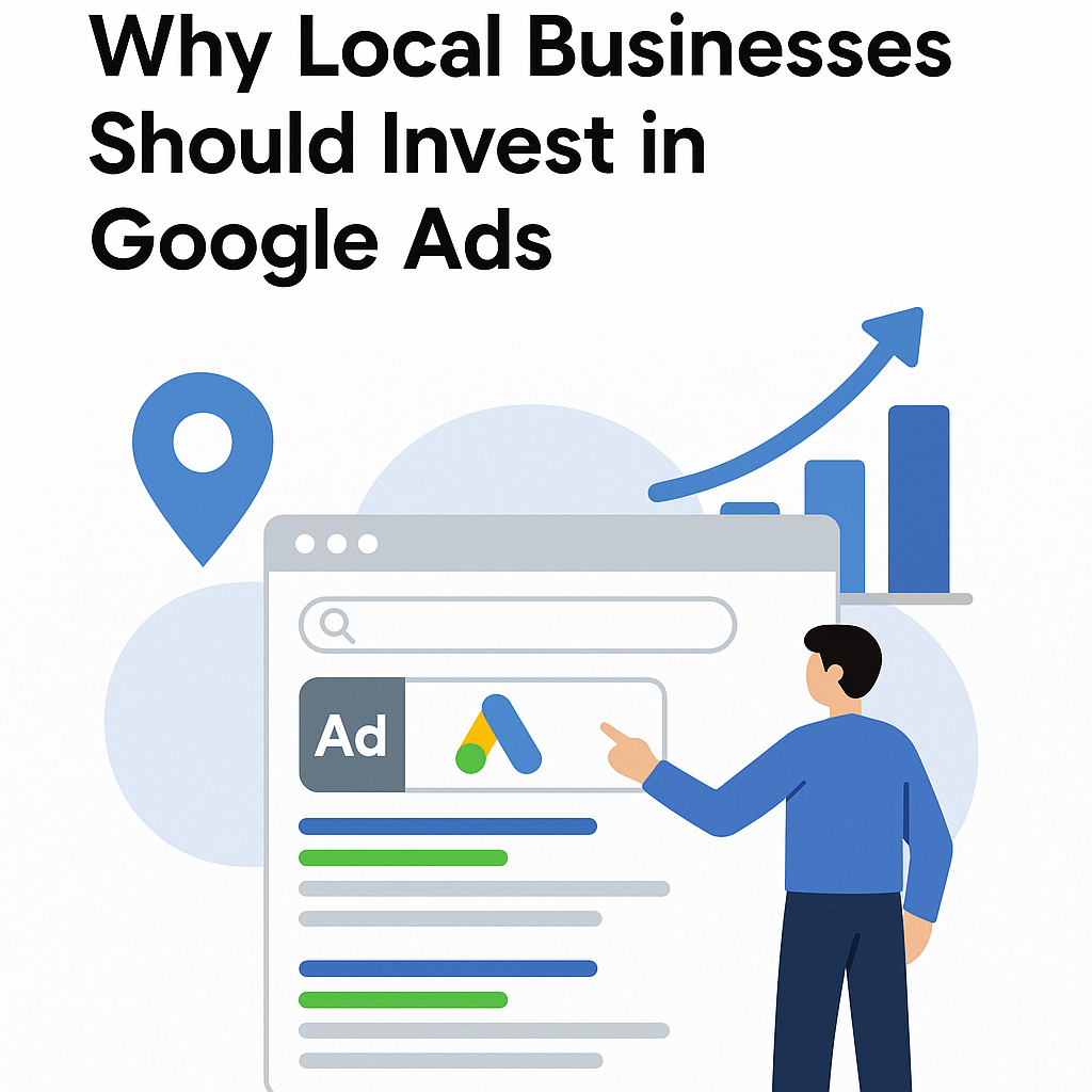 The image features a digital illustration in a flat-vector style, depicting a man in a blue shirt pointing towards a large, visible search engine results page. This page includes a prominent Google Ads icon. The layout is clean and simple, incorporating elements like a bar graph and decorative blue circles, all under the bold, black title text: "Why Local Businesses Should Invest in Google Ads," which is split across the top of the image.