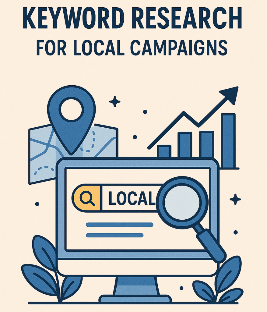 The image illustrates the concept of keyword research for local campaigns, featuring a computer monitor with a search interface and a magnifying glass icon, a bar graph, a map pin, and decorative elements like leaves. The design employs a flat style with a color palette of blue, dark blue, yellow, and beige.